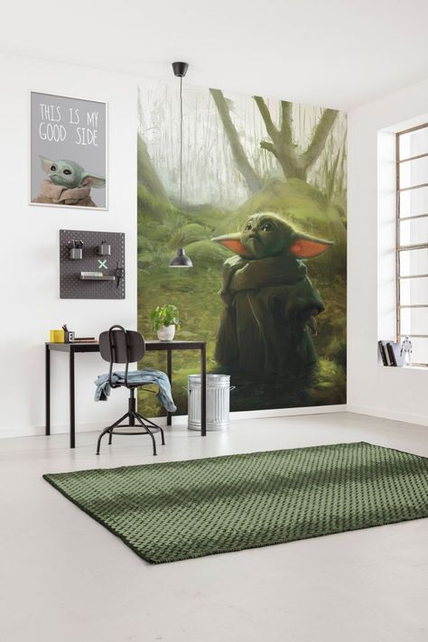 Little Grogu has the same sensitive sense of power as the Jedi Grand Master. --Star Wars children room. Star Wars Mandalorian wallpaper. Star Wars Mandalorian wallmural. Star Wars Mandalorian wall design. Little Grogu mural @komarproducts Boys Bedroom Wallpaper, Bedroom Wallpaper Murals, Star Wars Wall, Mandalorian Grogu, Wallpaper For Wall, Feature Wallpaper, Teenager's Room, Adult Bedroom, Teenage Bedroom