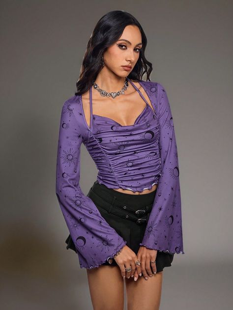 SHEIN X Juliana Mattos SHEIN X empowers creativity by providing fashion designers, artists, and brands unprecedented access to our supply chain, technology, and marketing resources. We are on a mission to make the business of fashion accessible to all.Dark Purple Star Moon Print "Date Night" Tie Back Lettuce Trim Ruched Front Trumpet Sleeve Crop Top For Women,Fall Women Clothes,For Autumn & Winter Purple Casual  Long Sleeve Knitted Fabric Plain,All Over Print  High Stretch  Women Clothing, size Dark Purple Clothes, Purple Winter Outfit, Dark Purple Shirt, Clothes For Autumn, Crop Top For Women, 2000 Fashion, Trumpet Sleeve, Purple Outfits, Y2k Outfits