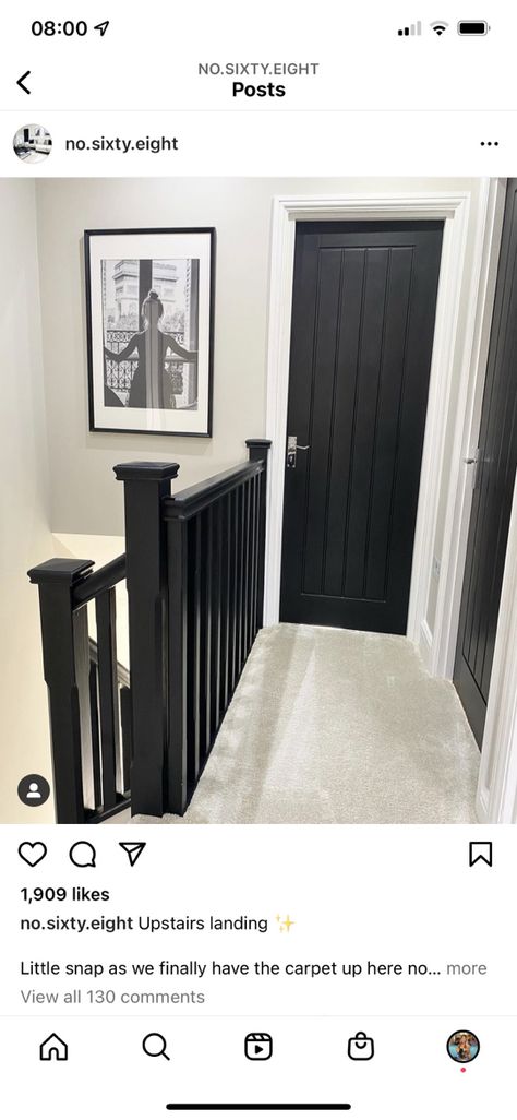 Black White And Gray Hallway, Black And White Upstairs Hallway, Black And White Landing Ideas, Black Doors On Landing, Black And White Hallway Decor, Black And White Stairs And Landing, Black Doors Upstairs, Halls Stairs And Landing Ideas, Black Wood Work Hallway