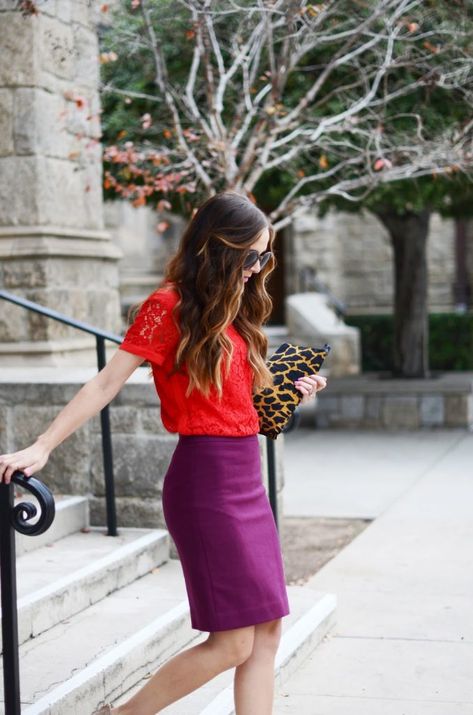 RAIDING MY SISTER'S CLOSET: 4 TIPS FOR CHOOSING A VALENTINE'S DAY OUTFIT - Merrick's Art Cute Valentines Day Outfits, Purple Pencil Skirt, Red Lace Top, Donna Morgan Dress, Valentine's Day Outfit, Tights Outfit, Red Outfit, Day Outfit, Knee Length Skirt