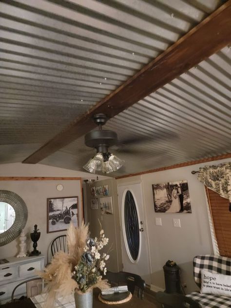 Mobile Home Remodel Farmhouse Style🐄🐽 | Tin ceiling! Inexpensive way to change it up | Facebook Mobile Home Ceiling Remodel Ideas, Mobile Home Ceiling Ideas, Home Ceiling Ideas, Shiplap Ceiling Mobile Home, Mobile Home Ceiling, Faux Tin Ceiling Tiles Dollar Tree, Mobile Home Remodel, Remodel Farmhouse, Tin Ceiling Tiles Ceilume