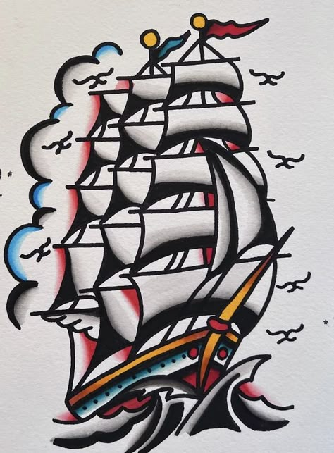 Ship Tattoo Traditional Old School, American Traditional Tattoo Ship, Old School Boat Tattoo, American Traditional Ship Tattoo Design, American Traditional Naval Tattoos, Traditional Sailboat Tattoo, Traditional Ship Tattoo Flash, American Traditional Navy Tattoo, American Traditional Boat Tattoo