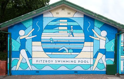 Swimming Pool Mural, Typography Mural, Environmental Signs, Pool Mural, Public Pool, Exterior Murals, Pool Inspiration, Doodle Wall, Swimming Pool Landscaping