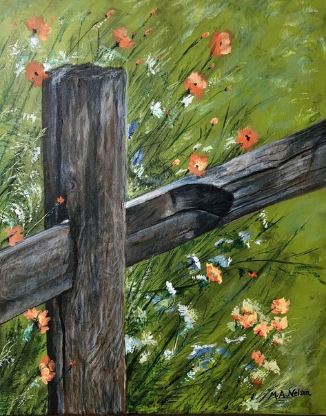 Fence Post & Flowers Acrylic on canvas Fence Post Painting, Fence With Flowers Painting, Painted Vines And Flowers, Simple Acrylic Paintings Landscape, Painted Flowers On Wood, Fence Drawing, Painting Fence, Farm Scene Painting, Fence Painting