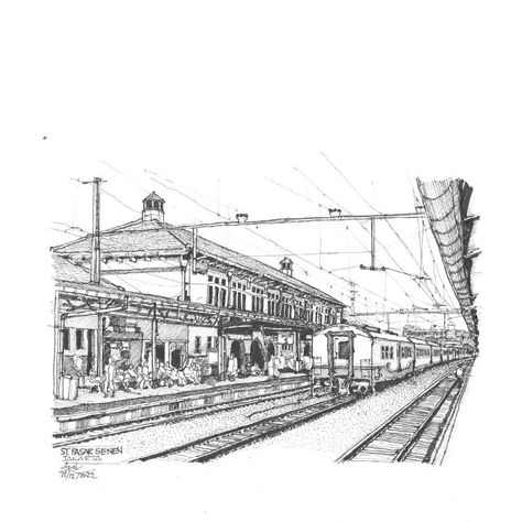 Railway Station Drawing Sketch, Railway Station Drawing, Station Drawing, Interior Design Degree, Dutch Colonial, Drawing Pen, Tangerang, Ink On Paper, Pen Pencil