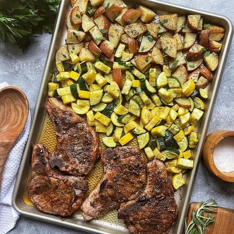 Sheet Pan Bone-In Pork Chops by Dishing Out Clean Pork Chops Bone In, Pork Chop Dishes, Roast Pork Chops, Pan Pork Chops, Bone In Pork Chops, Pork Sirloin, Pork Chops And Potatoes, Pork Chop Dinner, Easy Sheet Pan Dinners