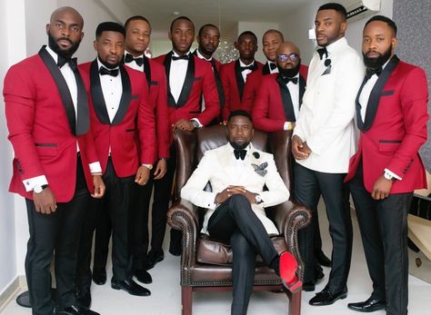 White Tuxedo Wedding, Groom Tuxedo Wedding, Pose Pengantin, Red Tuxedo, Red Wedding Theme, Groom Tuxedo, White Tuxedo, Wedding Groomsmen, Groomsmen Suits