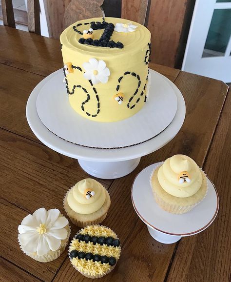 Macy Schmelzer on Instagram: “Bumble bee smash cake and cupcakes for a first bee-day party 🐝 I have been willing an order with this theme to come in for so long because…” Bee Smash Cake, Smash Cake And Cupcakes, Bee Birthday Cake, Bee Cake, Bumble Bee Birthday, Bee Birthday Party, Anna Birthday, Bee Cakes, Bee Day