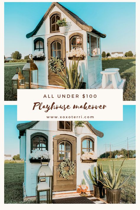 We gave the kids old playhouse a makeover! Quick and easy steps. Visit www.xoxoterri.com for before/after and supplies we used Kidkraft Forestview Playhouse, Playhouse Exterior Paint Ideas, Kidkraft Forestview Ii Playhouse Makeover, Aspen Playhouse Makeover, Kid Kraft Playhouse Makeover Diy, Repurpose Playhouse, Upcycle Playhouse, Backyard Discovery Playhouse Makeover, Diy Wood Playhouse