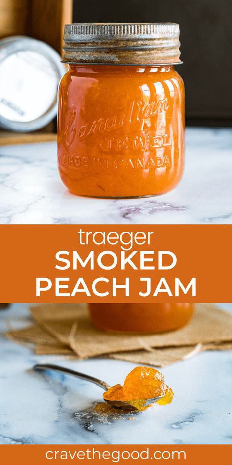 Smoked Peach Jam! You'll love this amazing smoked peach recipe! It combines the fresh bright flavour of ripe peaches with the complexity of wood fired smoke. You can make this on your Traeger, Pit Boss, Rec Tec or any electric pellet smoker. | cravethegood.com Canning Jam Recipes, Peach Jam Recipe, Peach Jelly, Peach Preserves, Jam Recipes Homemade, Canning Jam, Peach Jam, Jam And Jelly, Canned Peaches