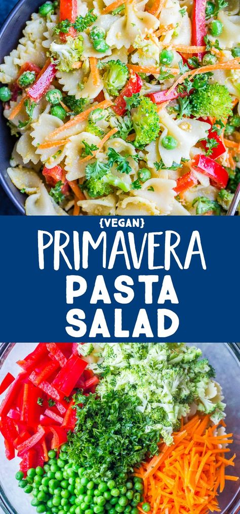 This Primavera Pasta Salad is loaded with tons of fresh spring vegetables and so easy to make! It comes together in just about 20 minutes and is perfect for a light healthy lunch or a side dish for your next picnic, BBQ or potluck! This Primavera Pasta Recipe is also vegan and easily made gluten free! #pastaprimavera #sidedish #vegan #pastasalad Primavera Pasta Recipe, Primavera Pasta Salad, Light Healthy Lunch, Pasta Salad Vegan, Vegan Pasta Primavera, Primavera Pasta, Pasta Primavera Salad, Healthy Light Lunches, Kid Friendly Vegetarian Recipes