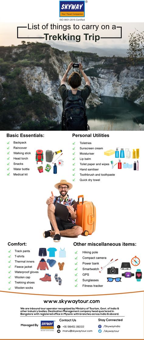 List of things you must carry on  a Trekking Trip #trekking #traveltips #travel #infographics Trekking Essentials, Backpacking Panama, Vietnam Backpacking, Backpacking India, Backpacking South America, Australia Backpacking, Thailand Backpacking, Backpacking Asia, Munnar