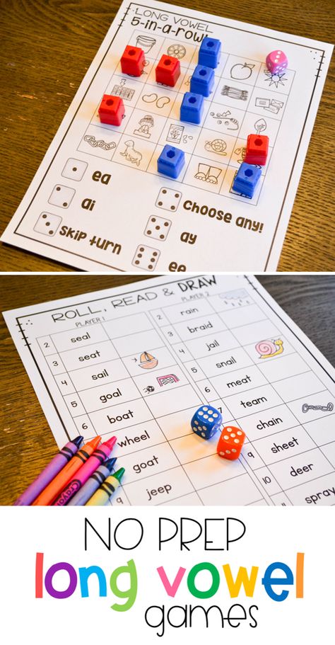 When I teach phonics in my classroom, it usually has 2 parts. I quickly introduce/review a phonics pattern with the whole group (for example, long vowels with silent e). I will model how to read words and apply the silent e. Then I will have students read aloud real and nonsense words with that phonics … Long Vowel Activities, Long Vowel Games, Vowel Teams Activities, Long Vowels Activities, Vowel Activities, Silent E, Vowel Teams, Phonemic Awareness Activities, First Grade Phonics