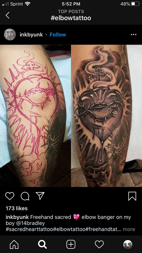 Heart Elbow Tattoo, Mexican Sacred Heart Tattoo, Sacred Heart Sleeve Tattoo, Sacred Heart Tattoo Mexican, Realistic Sacred Heart Tattoo Design, Sacred Heart Tattoo Realism, Christian Tats, Elbow Tattoo, Sacred Heart Tattoos