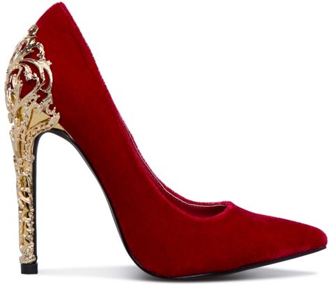 Embellished 'Krya' Pump With Gold Filigree Heel Gryffindor Princess, Quinceanera Heels, Quince Heels, Red Glitter Heels, Red And Gold Quince, Aladdin Wedding, Shoe House, Quinceanera Shoes, Queen Isabella