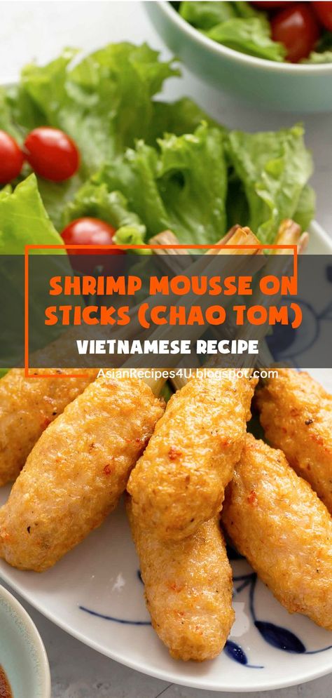 Chao Tom consists of flavorful shrimp mousse wrapped around lemongrass or sugarcane sticks. It is a tasty appetizer for daily meals as well as parties #Vietnamese #recipes Chao Tom Recipe, Shrimp Mousse Recipe, Shrimp Mousse, Vietnamese Shrimp, Flavorful Shrimp, Recipes Shrimp, Viet Food, Mousse Recipes, Sweet Chili Sauce