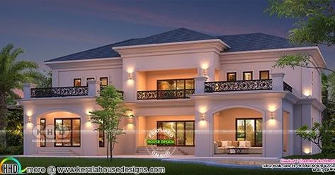 4300 square feet 5 bedroom colonial model French house in Kerala by Greenline Architects & Builders, Calicut French Colonial House, Colonial House Exteriors, Classic House Exterior, Classic House Design, Kerala House Design, Kerala Houses, Modern Style House Plans, Architect Design House, Modern Exterior House Designs