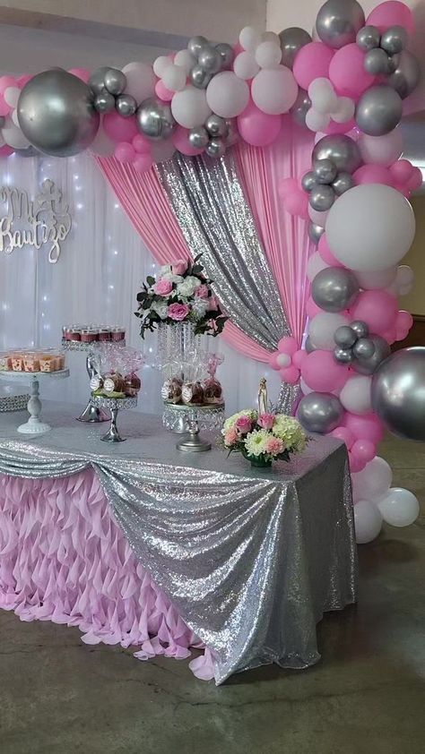 Pink And Silver Candy Table, Pink And Silver Wedding Decorations, Pink And Silver Graduation, Pink Silver White Party Decor, Pink And Silver Party Ideas, Pink And Silver Themed Birthday Party, Pink And Silver Graduation Party Ideas, Silver And Pink Birthday Cake, Pink Silver Birthday Decor