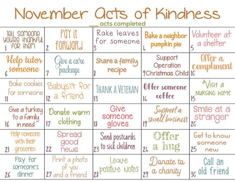 Random Acts of Kindness Calendar for November November Self Care Calendar, November Thankful Challenge For Kids, Kindness Calendar For Kids, November Prompts, Acts Of Kindness Calendar, November Preschool Themes, Activities For November, November Themes, Random Acts Of Kindness Ideas