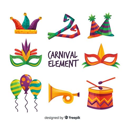 Carnival colorful elements set Vector | Free Download Carnival Elements, Carnival Background, Culture Day, Party Background, Carnival Masks, Vector Free Download, Party Poster, Confetti Balloons, Carnival Party