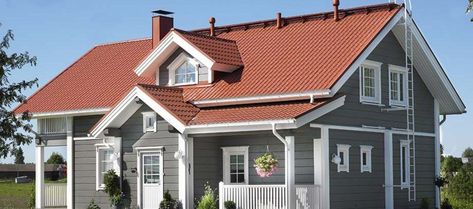 Orange Roof House Colors, Red Roof House Colors, Terracotta Roof House, Red Roof House, Roof Tops, Gray House, Roof House, Exterior House Paint Color Combinations, Exterior House Color