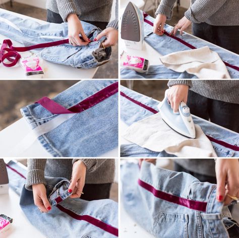 How to make DIY side-stripe pants. They're no-sew! Click through for the tutorial. #nosew #pants #stripes #fashion #fashiondiy #diy #tutorial Jeans With Side Stripe, Easy Pants Pattern, Diy Clothes Closet, Mending Jeans, Diy Clothes Easy, Hope Core, Diy Clothes Hangers, Diy Clothes Refashion Videos, Customised Clothes