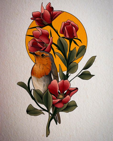 Neo Traditional Art, Robin Tattoo, Tattoo Art Design, Neo Tattoo, Bird Tattoos, Traditional Tattoo Design, Bird Tattoo, Tattoo Art Drawings, Custom Tattoo Design