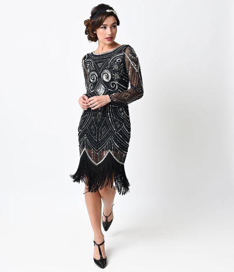 1920s Style Black  Silver Hand Beaded Long Sleeve Karyn Flapper Dress $202.00 AT vintagedancer.com Dress 1920s Style, Dresses 1920s Style, Gatsby Party Outfit, 1920s Evening Dress, 20s Fashion Dresses, Style Année 20, 1920s Fashion Dresses, 20s Dresses, Great Gatsby Dresses