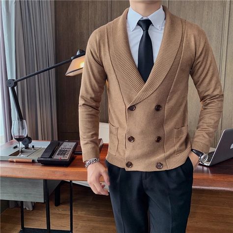 Double Breasted Cardigan, Striped Knitted Sweater, Spring Fashion Casual, Vintage Mens Fashion, Fashion Business Casual, Zippered Sweater, Black Men Fashion, Cardigan Fashion, Sweater Sale