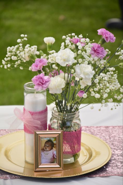 Easy DIY table centerpieces for a baptism party! Bautizo Table Centerpieces, Christening Centerpieces Girl, First Birthday Centerpieces Girl, Bautizo Centerpieces For Girl, Diy Baptism Decorations, Baptism Centerpieces Ideas, Baptism Centerpieces Girl, Baby Girl Baptism Decorations, Centerpieces For Baptism