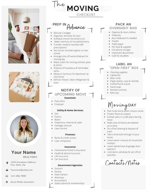 Real Estate Moving Checklist, realtor moving guide, printable moving to-do list, PDF, Canva- edit Moving To Do List, Moving Preparation, Moving List, Rent Receipt, Moving Planner, Moving House Tips, First Apartment Tips, Moving Hacks Packing, Moving Guide