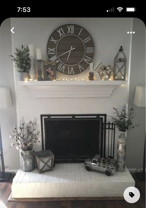 Black And White Farmhouse Fireplace, Chimney Decoration Ideas, French Country Mantle Decor Living Room, How To Decorate Chimney Living Rooms, Chimini Decor Ideas, Living Room Decor Mantle, All White Living Room With Pop Of Color, Mantle Decor With Family Photos, Living Room With Chimney Decor