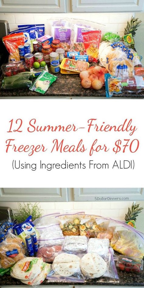 Transform these $70 worth of groceries into 12 delicious, freezer friendly, summer-inspired meals for your family using ingredients from Aldi (or ANY grocery store). Let me show you how! | 5DollarDinners.com Costco Freezer Meals, Freeze Meals, Freeze Ahead Meals, Aldi Meal Plan, Freezer Cooking Recipes, Freezer Dinners, Aldi Recipes, Freezer Friendly Meals, Freezable Meals