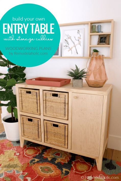 Build an entry table with cubby storage, large enough to fit 4 big IKEA bins or similiar 13-inch storage baskets. Plus added adjustable shelves behind a soft-close door hinge create lots of hidden, accessible storage for your entryway. Doubles as a kitchen island or baby changing table dresser, too! Woodworking plans by #Remodelaholic #instantdownload #entrytable Baby Changing Table Dresser, Ikea Bins, Diy Entry Table, Changing Table Topper, Cabinet Shelves, Mudroom Ideas, Diy Shadow Box, Changing Table Dresser, Baby Changing Table