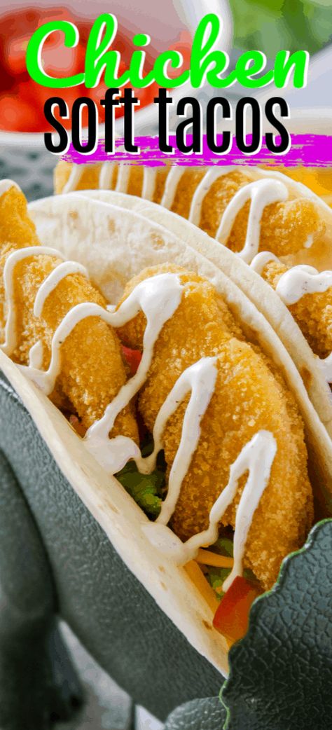 Easy Chicken Soft Tacos are a kid-approved taco night win! Crispy chicken & taco fixings are drizzled with homemade crema sauce for a quick 15-minute meal! #RealHousemoms #chicken #tacos #backtoschool #easydinner Chicken Nugget Tacos, Chicken Taco Sauce Recipe, Homemade Crema, Taco Fixings, Taco Sauce Recipes, Chicken Soft Tacos, Fried Tacos, Wholesome Meals, Fun Dinner