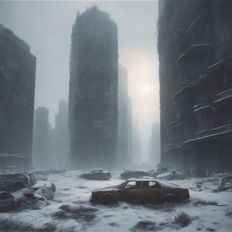 Winter Apocalypse Aesthetic, Post Apocalyptic Winter, Arctic Wasteland, Snow Apocalypse, Winter Wasteland, Winter Apocalypse, Suit Tattoo, Apocalypse Landscape, Apocalypse Aesthetic