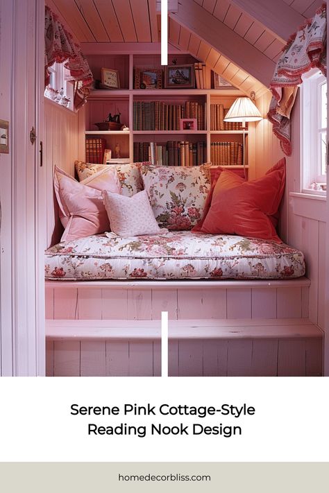 cottage-style reading nook Pink Reading Nook, Nook Inspiration, Nook Design, Office Room Design, Charming Cottage, Pink Cottage, Cottage Style Decor, Wallpaper Walls Decor, Colourful Cushions