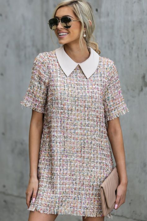 Charming Pink Tweed Dress - Tunic Dress | Red Dress Zara 2020, Pink Tweed Dress, 60s Fashion Vintage, Tweed Fashion, Trendy Tunic, Tweed Outfit, Multi Color Dress, Dress Trendy, Mode Chanel