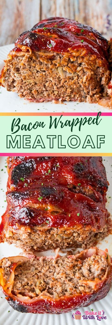 A delicious, traditional, home-style Bacon Wrapped Meatloaf in single serving size and topped with ketchup, a family favorite! This stand-by family dinner is always a quick and easy hit and is made even better with a bacon wrapping! bakeitwithlove.com | #bakeitwithlove #bacon #baconwrapped #meatloaf #ketchup #Worcestershire #breadcrumbs #easydinners #familymeals Bacon Wrap Meatloaf, Bacon Wrapped Turkey Meatloaf, Bacon Meatloaf Recipes Easy, Meatloaf Recipes With Bacon On Top, Meatloaf Recipes With Bacon, Meatloaf With Bacon On Top, Bacon Wrapped Meatloaf Recipes, Bacon Meatloaf Recipes, Meatloaf Bacon Wrapped