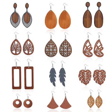 PRICES MAY VARY. 【Wood Earrings for Women】 You can get 12 pairs African wooden dangle drop earrings in one order, including teardrop earrings, hollow pendant earrings, tree earrings, leaf earrings, and various geometric earrings, etc. Overall a great set with a variety of different styles to choose from to match any outfit you have. 【Lightweight Wooden Earrings】 These drop dangle earrings are made of natural wood and stainless steel ear hooks, lightweight and comfortable, don’t irritate ears at African Earrings, Earrings Geometric, Earring Tree, Styl Boho, Wooden Pendant, Drop Dangle Earrings, Chic Jewelry, Wooden Earrings, Ethnic Style