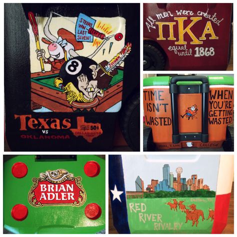 TX OU cooler 2015 red river rivalry pike Red River Rivalry Cooler, Red River Rivalry, Cooler Ideas, Red River, Coolers, Baseball Cards, Baseball, Red