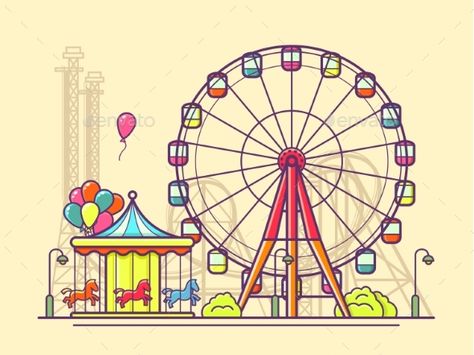 Funfair With Ferris Wheel Fun Fair Drawing, Carnival Carousel, Holiday Journal, Carnival Art, Fun Fair, I'm Bored, Simple Cartoon, Cute Easy Drawings, Color Pencil Drawing