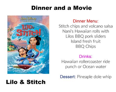 Disney dinner and a movie, movie night, disney night, themed dinner, family night, dinner and a movie Disney Dinner And Movie Night Lilo And Stitch, Lilo And Stitch Dinner And A Movie, Lilo And Stitch Food, Lilo And Stitch Movie Night, Lilo And Stitch Food Ideas, Disney Dinner And A Movie, Disney Movie Themed Dinner, Disney Nights, Movie Meals