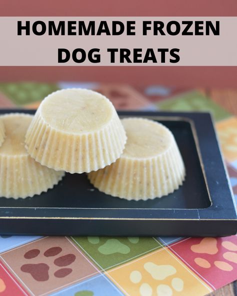 Want to treat your dog? Make these adorable and delicious DIY Frozen Dog Treats! You can make a whole batch of them and keep them in the freezer for upcoming hot summer days! Frosted Dog Treats, Frosty Paws Recipe, Copycat Frosty, Homemade Frozen Dog Treats, Frozen Dog Treats Homemade, Frosty Paws, Dog Treats Recipe, Diy Dog Food, Frozen Dog Treats