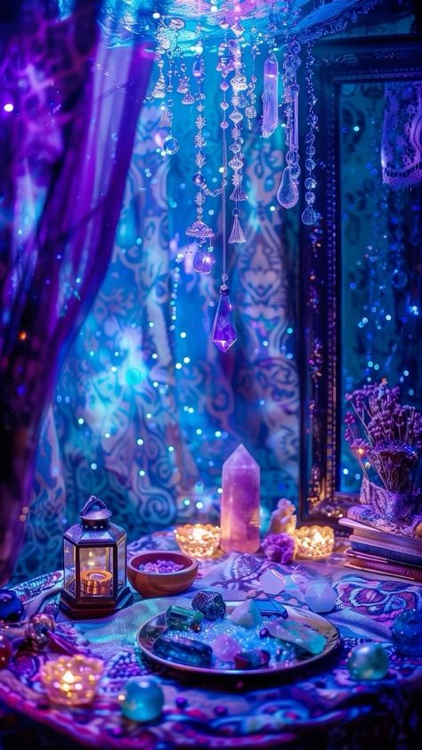 Purple Room Inspiration, Mystical Aesthetic Wallpaper, Mysticism Aesthetic, Blue Witch Aesthetic, Spiritual Art Aesthetic, Blue And Purple Aesthetic, Purple And Blue Aesthetic, Blue Purple Aesthetic, Purple Blue Aesthetic