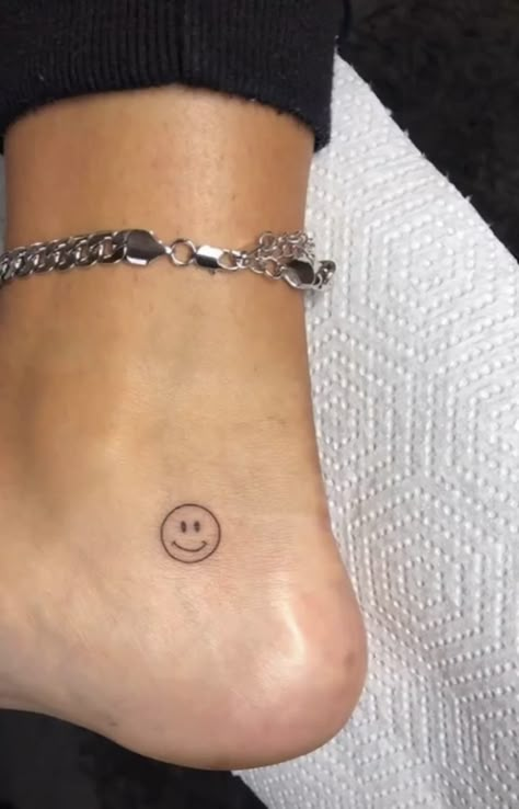 Mini Tats Smiley Face, Smiley Face Tattoo On Ankle, Cute Smiley Tattoo, Mini Smiley Face Tattoo, Fine Line Smiley Face Tattoo, Smiley Face Tattoo Ankle, Simple Smiley Face Tattoo, Tiny Smiley Face Tattoo, Small Smiley Face Tattoo