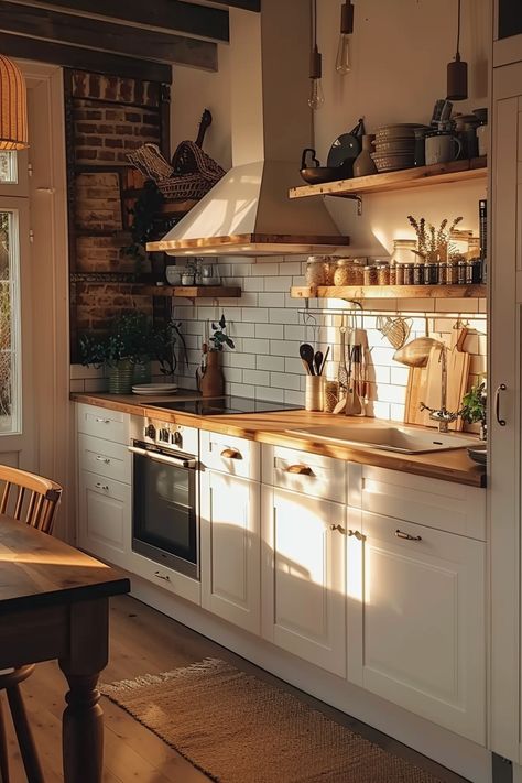 Cosy Cottage Kitchen Ideas, Small Home Cottage, Country Kitchen With Fireplace, Kitchen Modern Cottage, Cottage Core Modern Kitchen, Nordic Cottage Kitchen, Cottage Modern House Interior, Little Cottage House Interior, Tiny Kitchen Interior Design