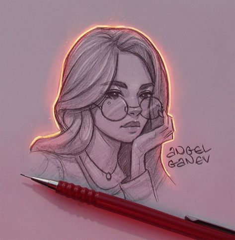 Drawing Angel, Angel Ganev, Illustration Kunst, Angel Design, Girl Drawing Sketches, Cool Pencil Drawings, Glowing Art, Sketchbook Art, Pencil Art Drawings