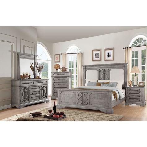 Acme Furniture 27090Q Artesia Queen Bed in Salvaged Natural Wood w/ Tan Fabric Weathered Grey Bedroom Furniture, Bedroom Sets Furniture Grey, Gray Wood Bedroom Furniture, Gray Bedroom Furniture Ideas, Gray Bedroom Furniture, Oversized Headboard, Rustic Bedroom Furniture, Wood Bedroom Sets, Eastern King Bed