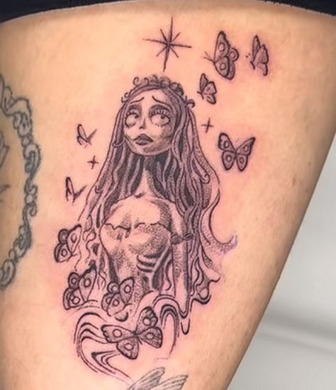 Corpus Bride Tattoo, Corspride Bride Tattoo, Small Corpse Bride Tattoo, Corpse Bride Emily Tattoo, Emily Tattoo Corpse Bride, Small Leg Tats, Chest Piece Tattoos For Women, Emily Corpse Bride Tattoo, Paranormal Tattoo